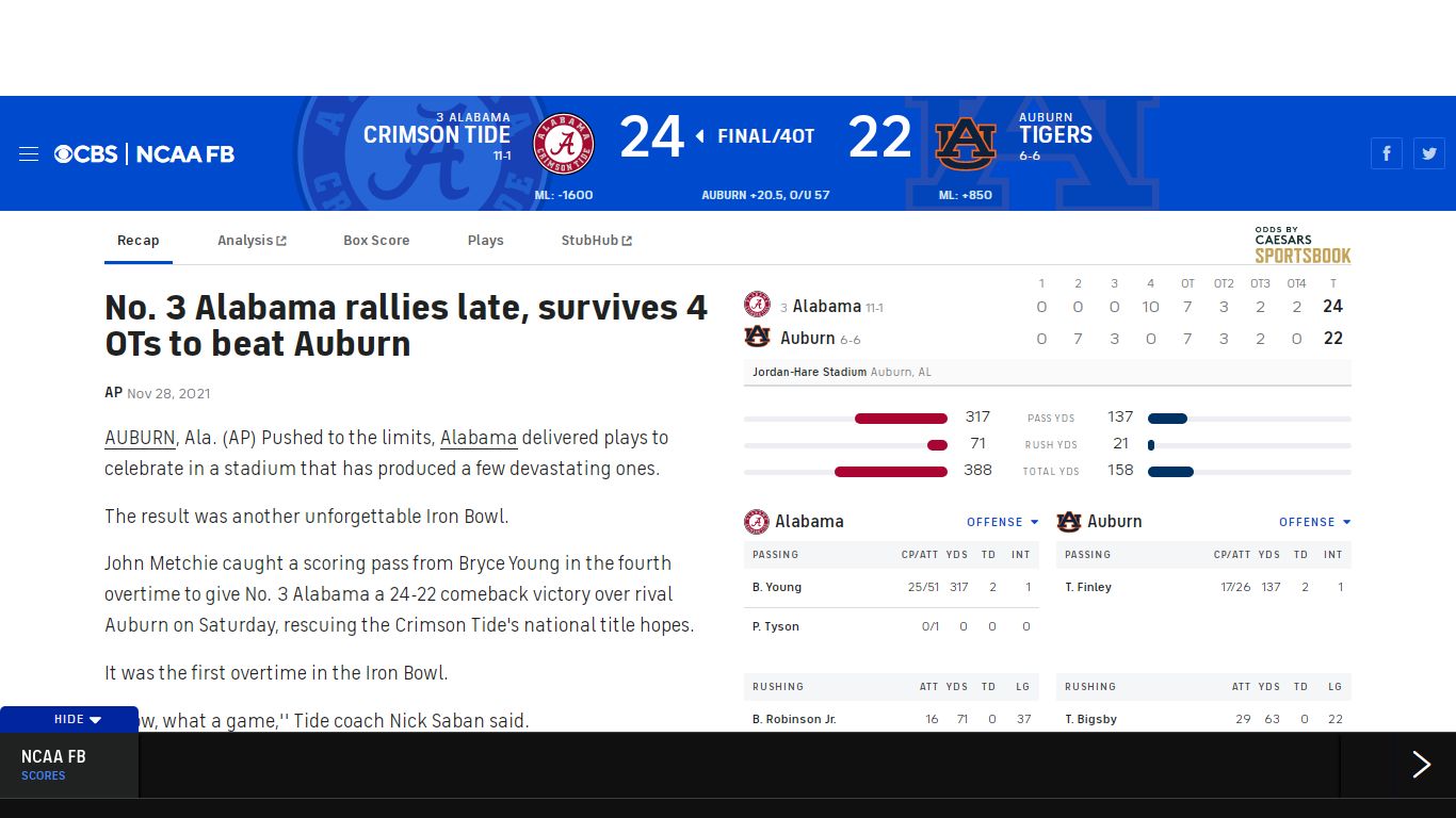 Alabama Crimson Tide vs. Auburn Tigers Live Score and Stats - November ...